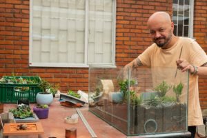 Latino artist from Bogota Colombia between 40 and 49 years old, makes a work with succulent plants while depositing them in a fish tank as a home for a hamster