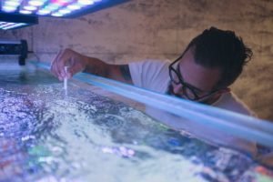 Bearded man testing quality of water in his reef tank.